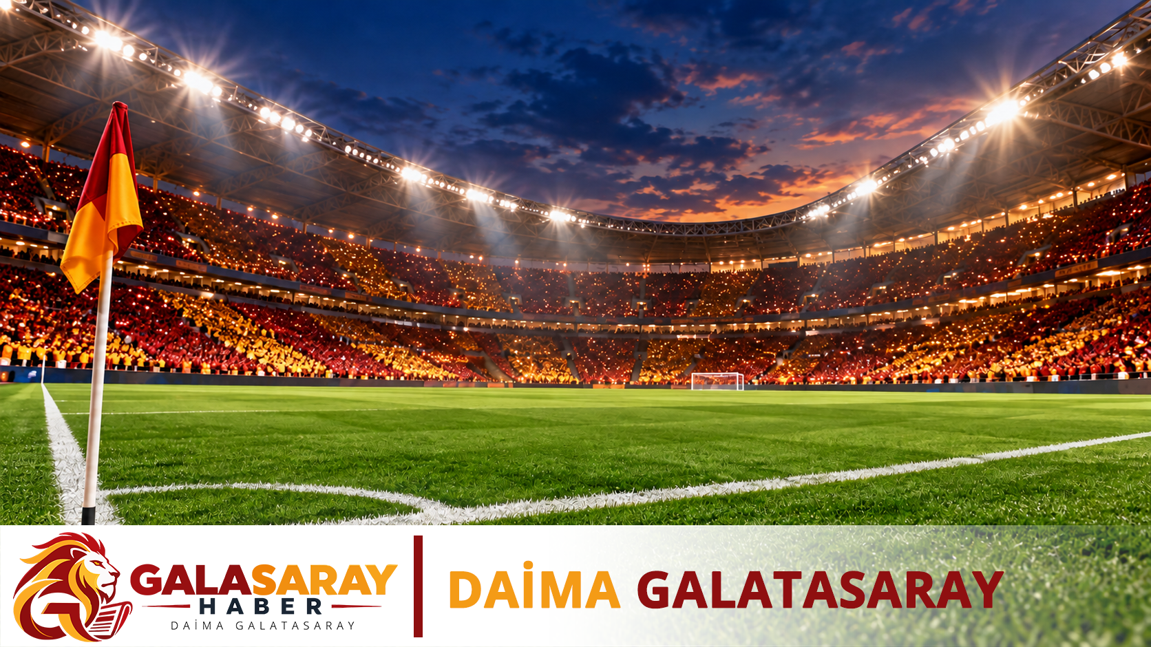 Sarı-kırmızı tribünler ve ışıklandırılmış futbol sahasıyla derbi atmosferini simgeleyen, Galasaray filigranlı temsili görsel.