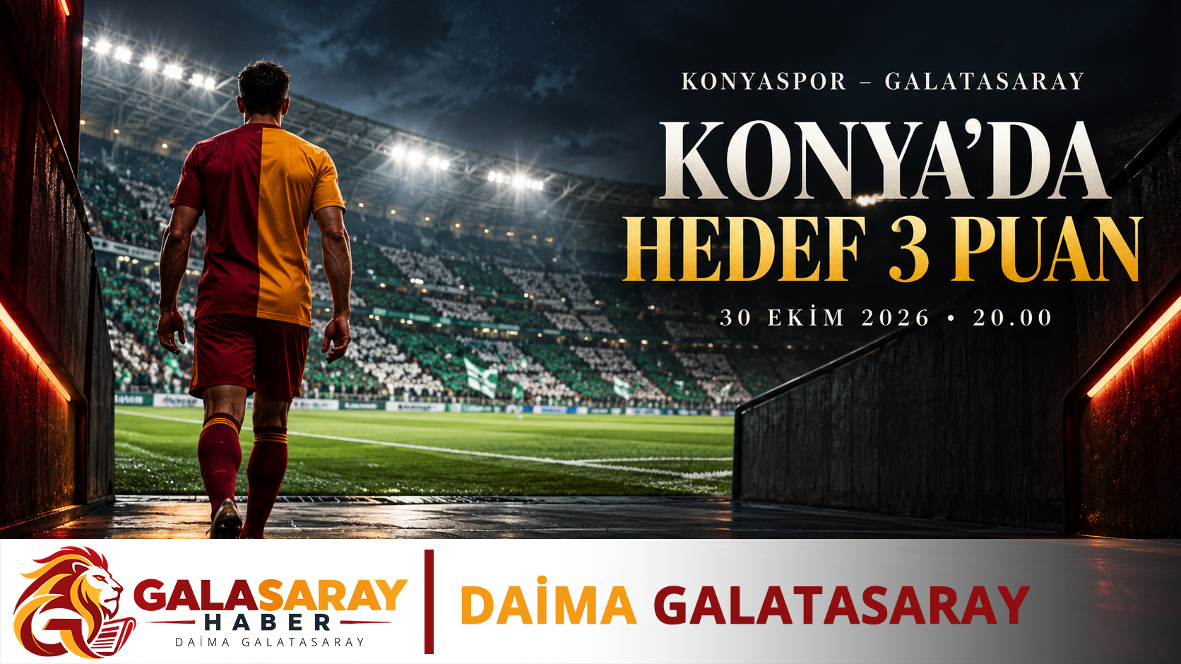 Konya deplasmanını simgeleyen, sarı-kırmızı formalı anonim futbolcu ve yeşil-beyaz tribünler; Galasaray filigranlı yapay zekâ üretimi temsili maç önü görseli.