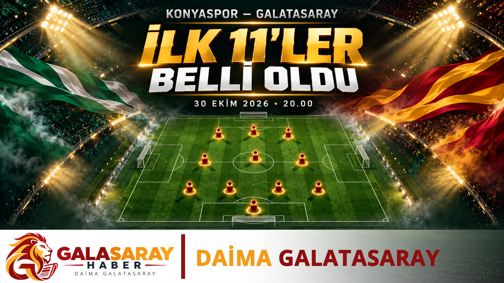 Konyaspor–Galatasaray ilk 11’leri belli oldu: sarı-kırmızı ve yeşil-beyaz renkler, temsili saha ve Galasaray geçişli filigranı içeren özgün yapay zekâ üretimi kapak.