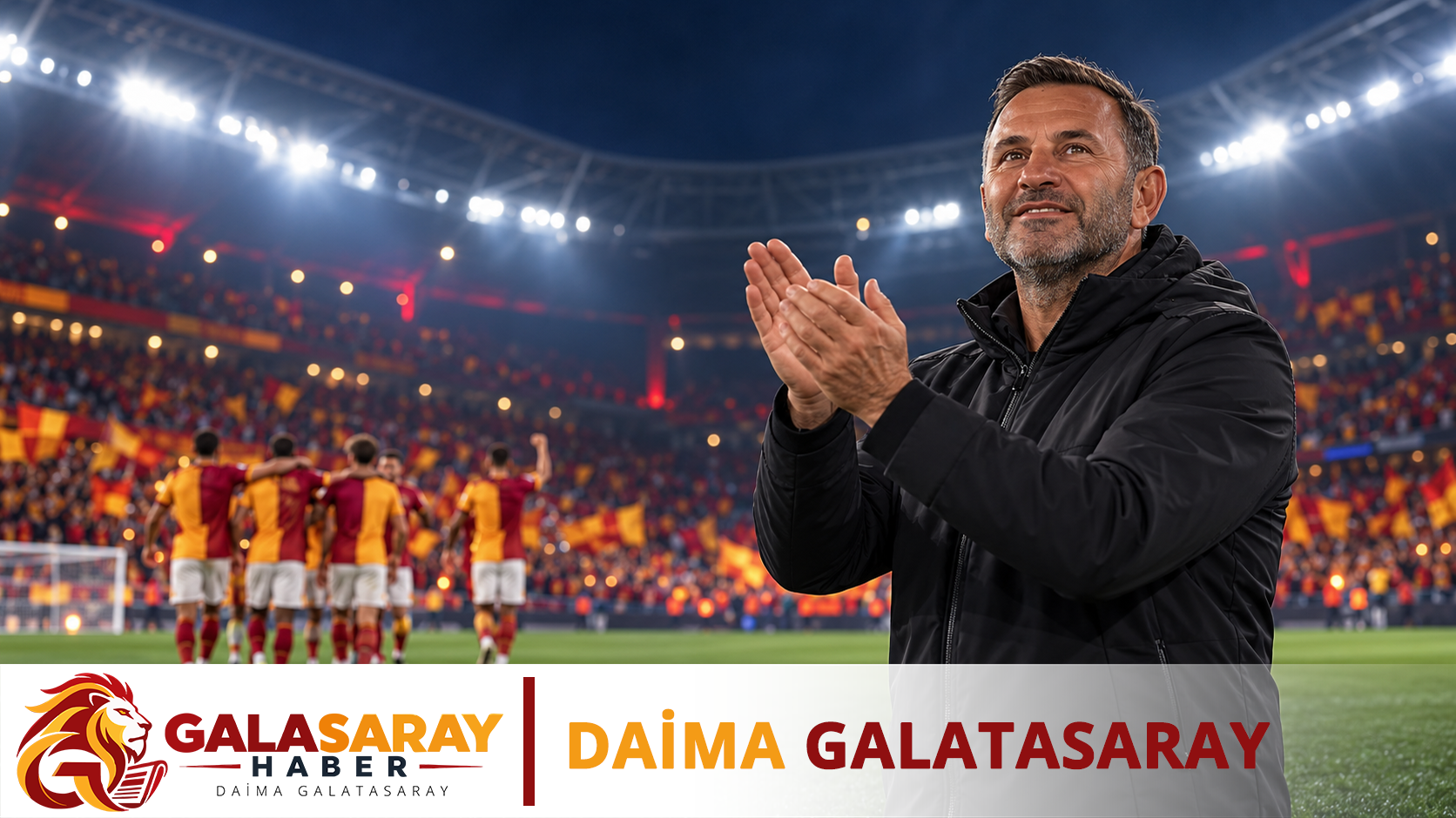 Okan Buruk’un saha kenarında alkışladığı ve sarı kırmızılı futbolcuların galibiyeti kutladığı temsili maç sonu illüstrasyonu; yapay zekâ ile oluşturulmuştur.