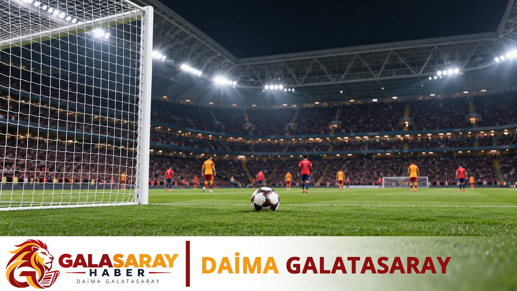 Lille–Galatasaray maç sonu haberini temsil eden gece futbol sahası, kale ve top; yapay zekâ ile oluşturulmuş temsili görsel.