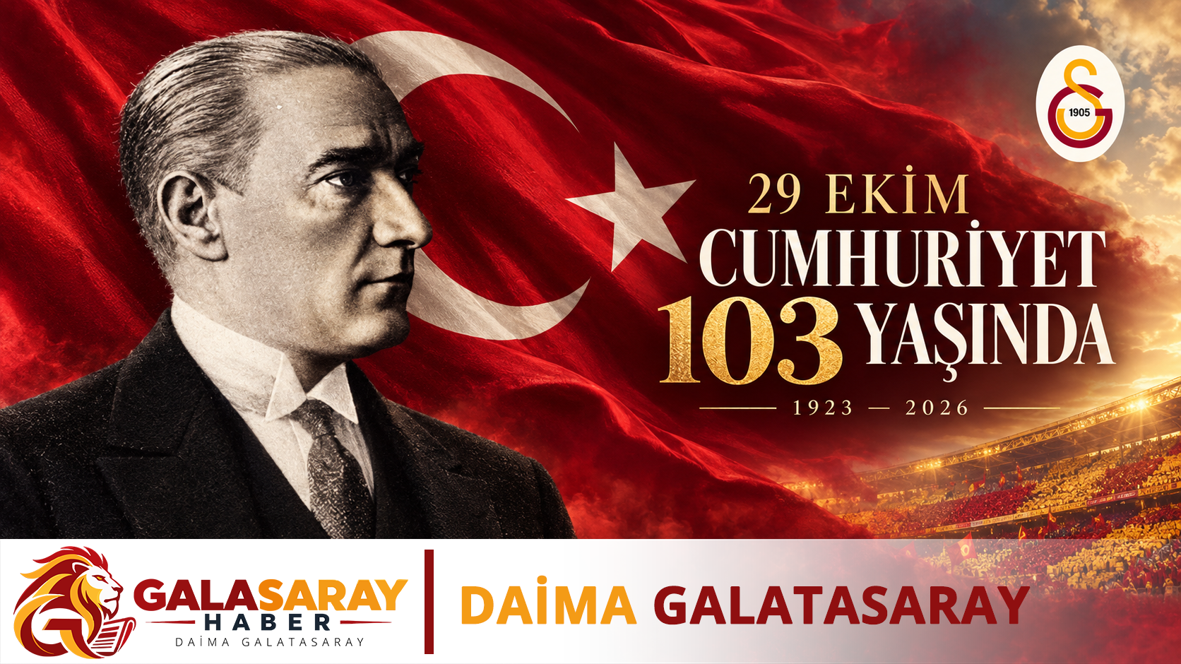 Cumhuriyet’in 103. yılı için Atatürk portresi, Türk bayrağı ve Galatasaray armasını birleştiren, Galasaray filigranlı temsili anma tasarımı.