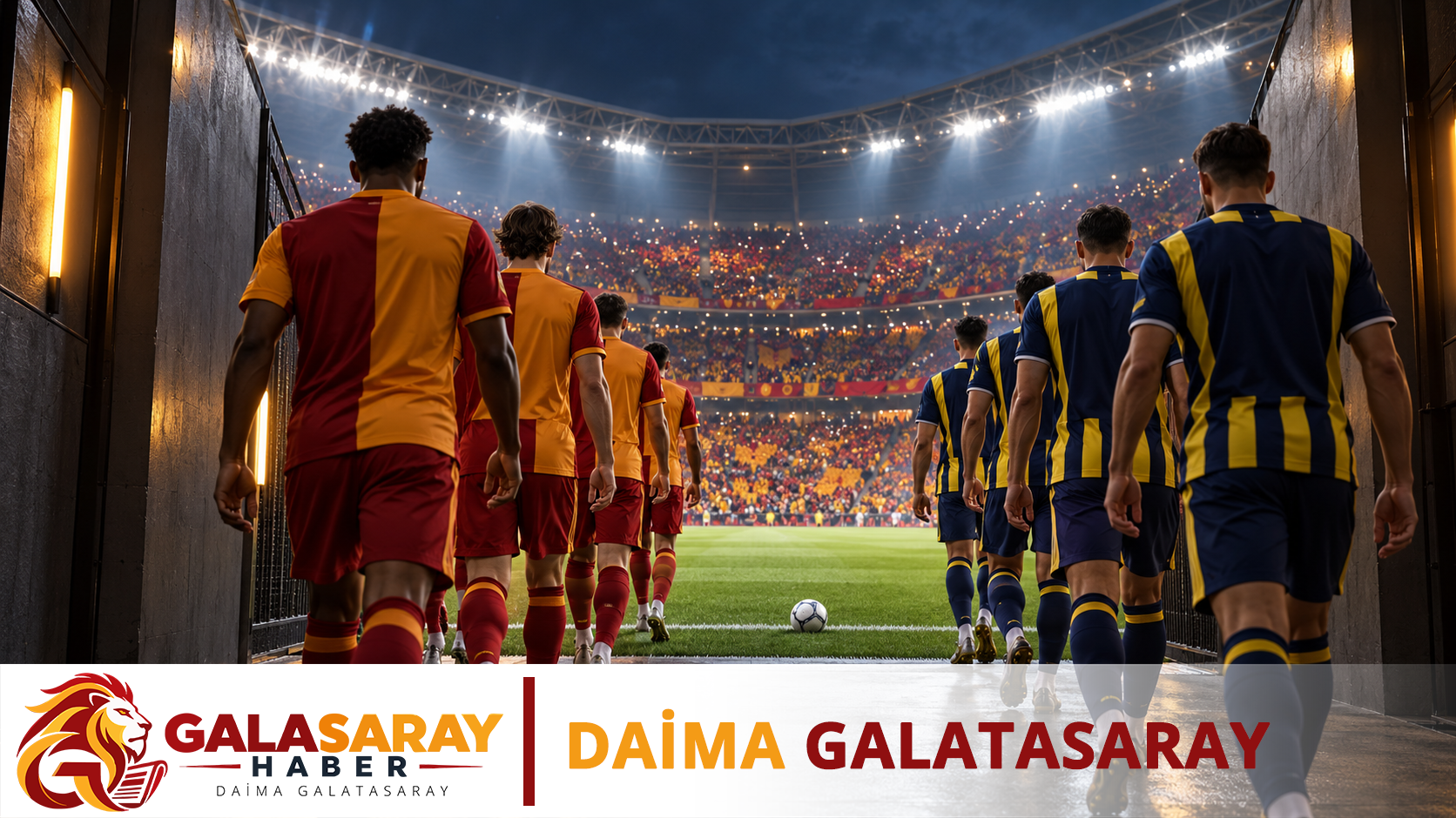 Derbi öncesi oyuncuların sahaya çıkışını simgeleyen sarı-kırmızı ve sarı-lacivert formalı anonim futbolcular; Galasaray filigranlı yapay zekâ üretimi temsili görsel.