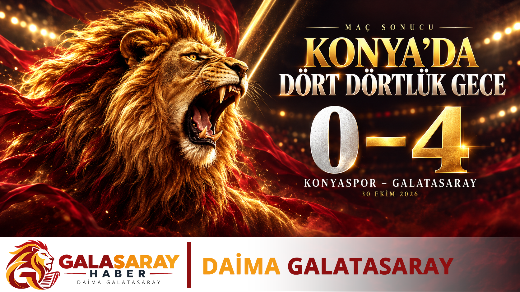 Konyaspor 0–4 Galatasaray galibiyeti için kükreyen altın aslan, maç skoru ve özgün geçişli Galasaray filigranıyla üretilmiş temsili yapay zekâ tasarımı.