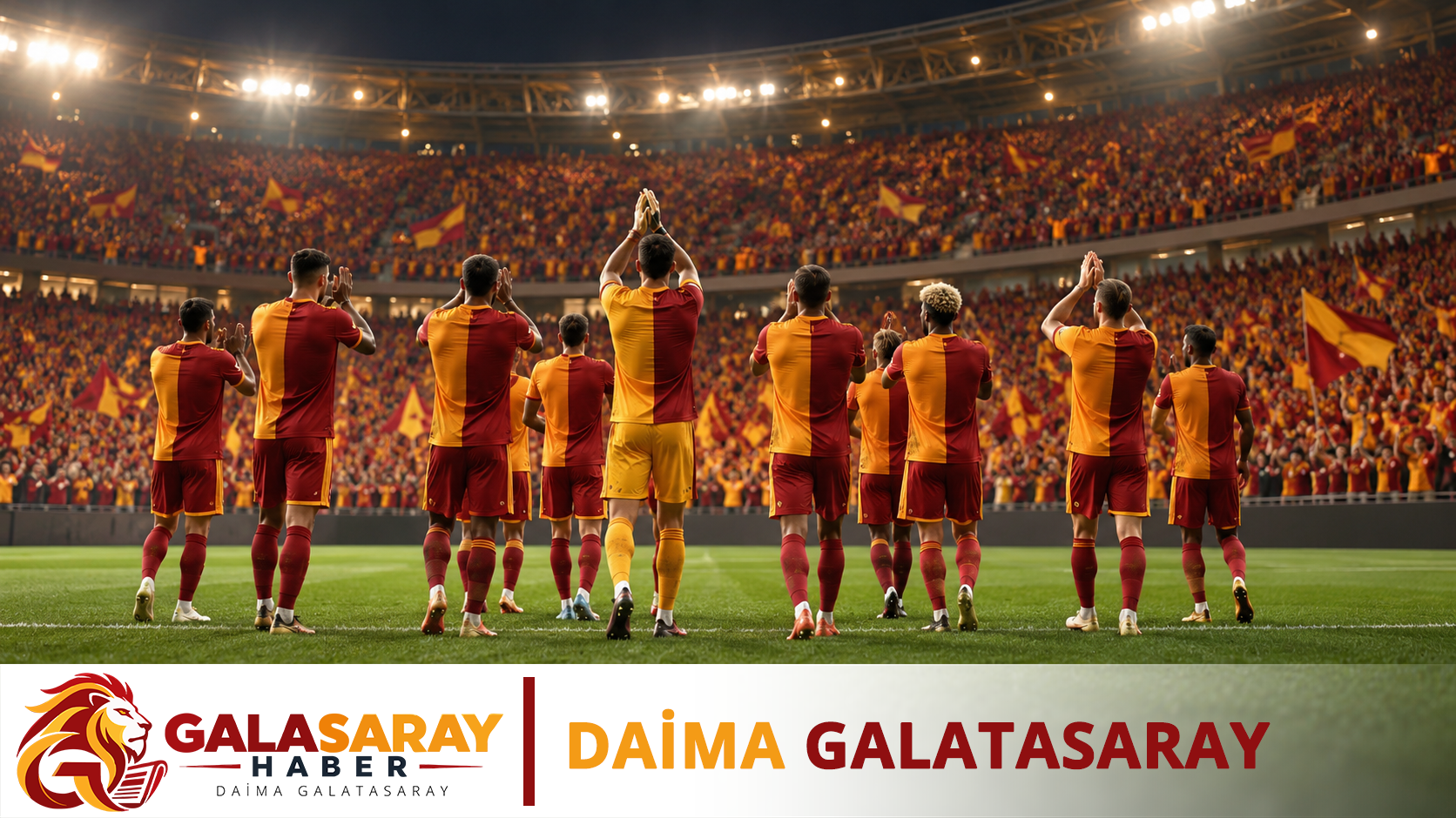 Sarı-kırmızı formalı anonim futbolcuların tribünleri alkışlayarak galibiyeti kutlamasını simgeleyen, Galasaray filigranlı yapay zekâ üretimi temsili görsel.