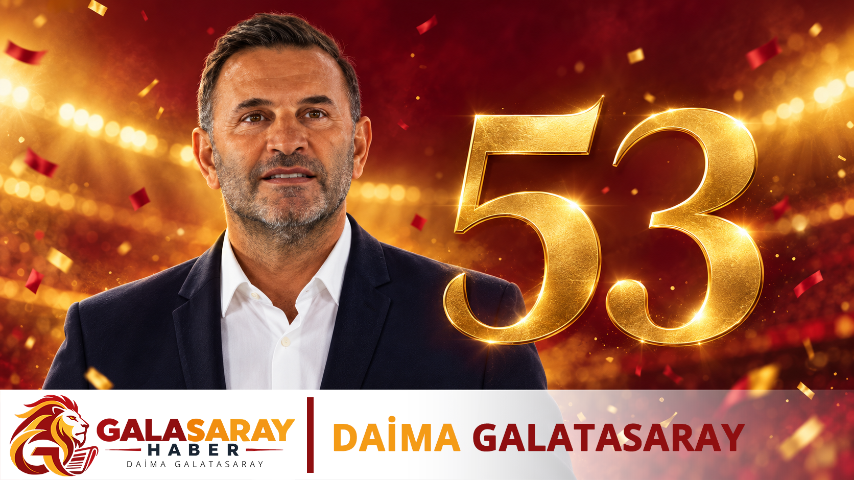 Okan Buruk’un 53. yaşı için hazırlanan sarı kırmızı doğum günü illüstrasyonu; resmî portresi referans alınarak yapay zekâ ile oluşturulmuştur.